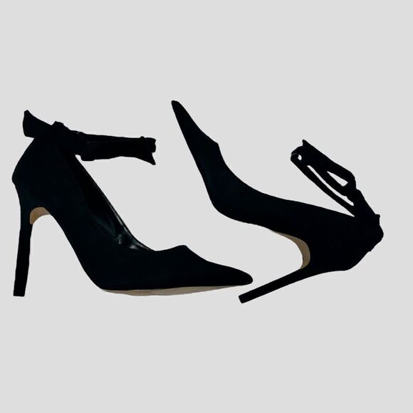 Express Black Fabric Faux Suede High Heels Ankle Strap Pointed Toe Stilettos - Picture 4 of 7